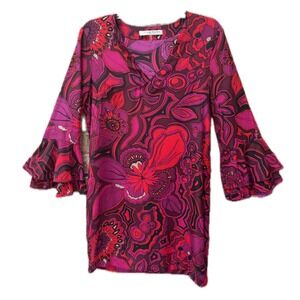 Trina Turk Silk Retro 60s/70s Psychedelic Bell-Sleeve Shift Gogo Dress Medium